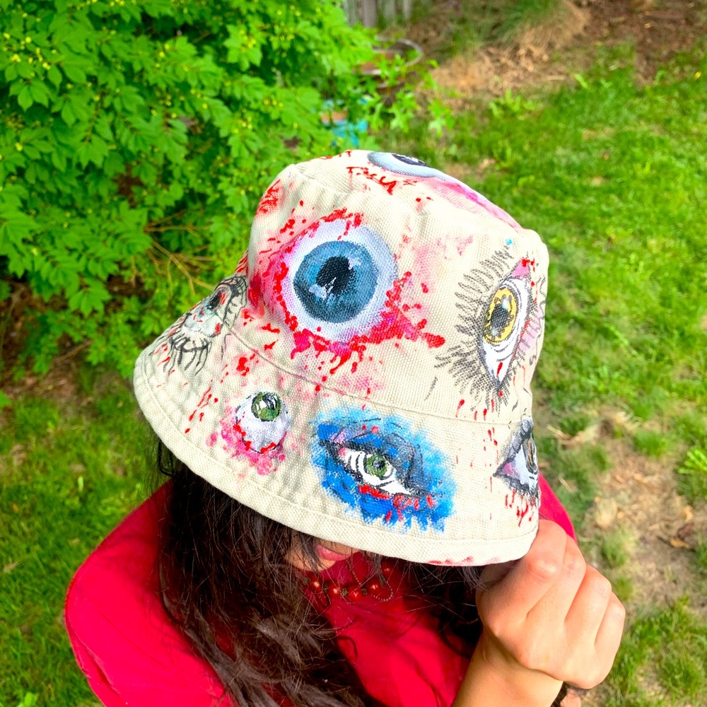 Eyes and bloody Hand painted Bucket hat “I See All”